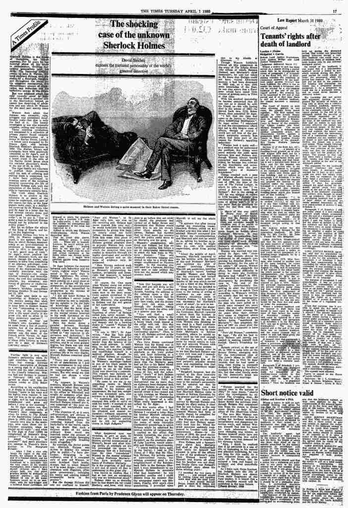 The Shocking Case of the Unknown Sherlock Holmes, a profile from the April 1, 1980, issue of the Times of London